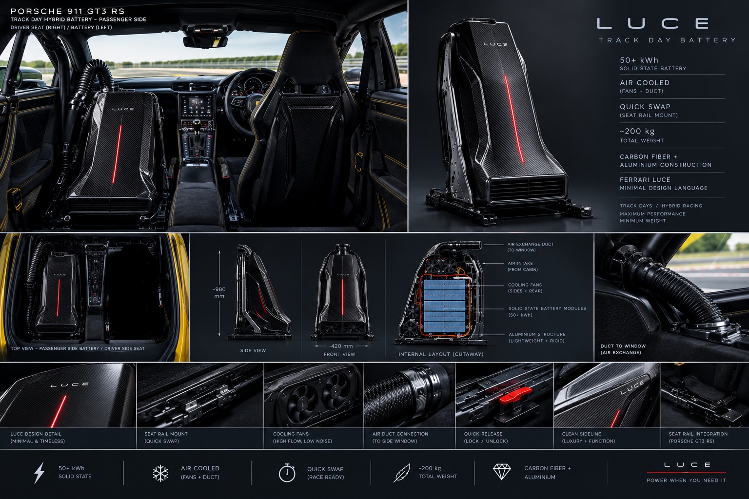 Luce track day battery in the passenger seat of a Porsche 911 GT3 RS