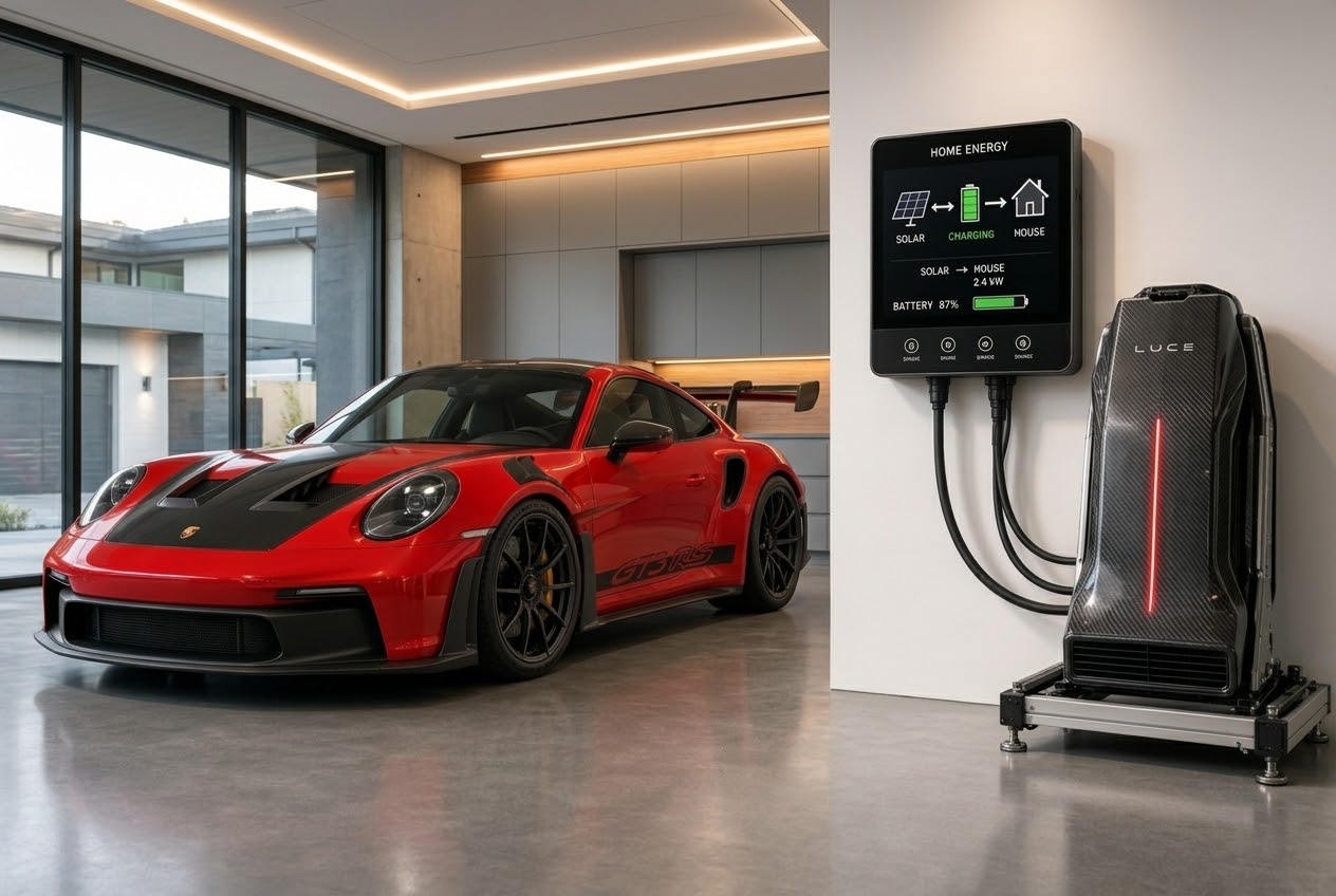 Rendering of a red Porsche 911 GT3 RS parked in a modern garage next to the Luce battery on a wheeled stand, cabled to a wall mounted home energy display showing solar charging the battery and powering the house, with the battery at 87%