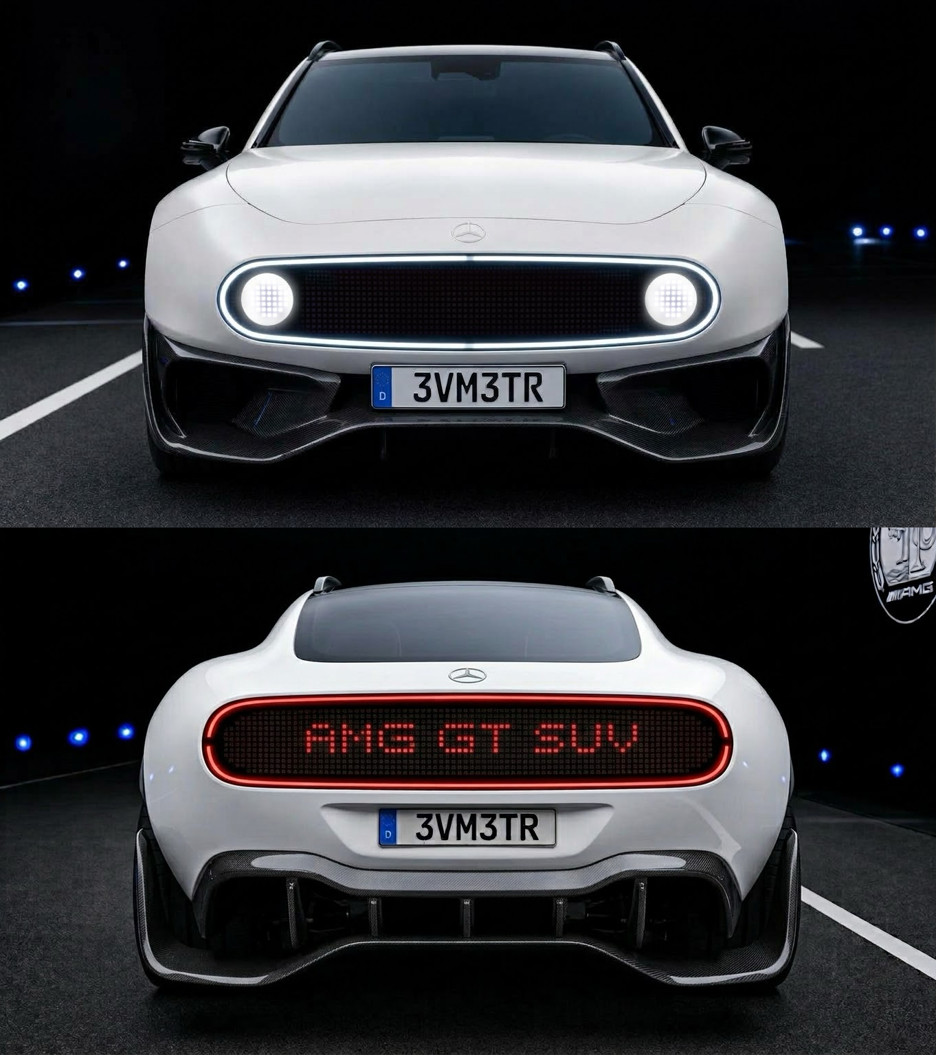 Rendering of the Mercedes-AMG GT SUV in white with Vision One-Eleven style lights: at the front a black pixel display with two round pixel headlights framed by a single light outline, and at the rear a red-framed pixel display reading AMG GT SUV