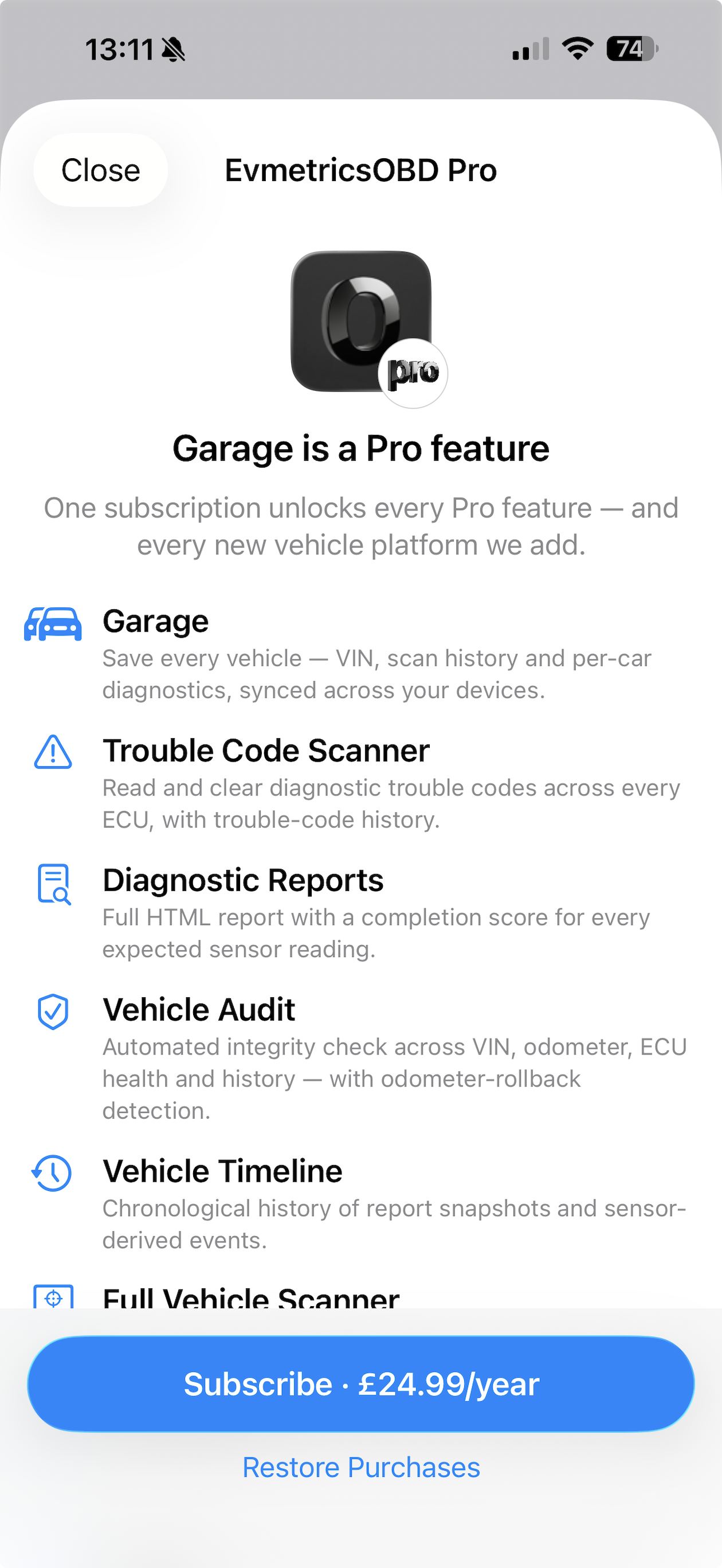 EvmetricsOBD Pro — Garage, Trouble Code Scanner, Diagnostic Reports, Vehicle Audit and Timeline